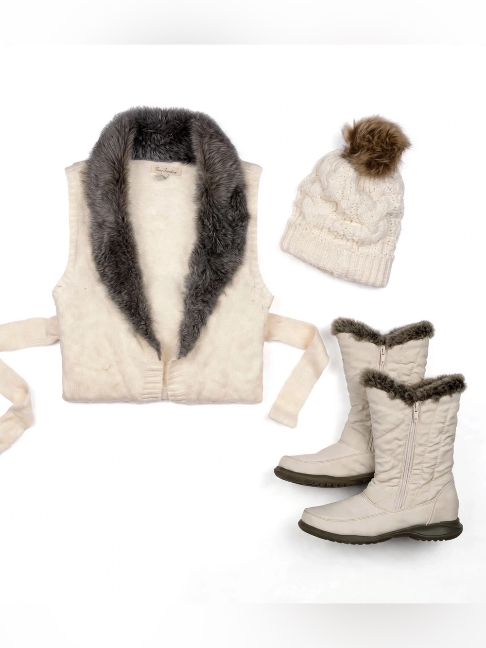 Off White Cream Easy Spirit Boots, Cable-Knit Beanie w/ Faux-Fur Pom BUNDLE